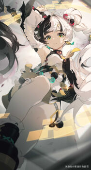 1girl absurdres arm_up armpits black_hair braid chinese_commentary closed_mouth commentary_request detached_sleeves dialyn_(zenless_zone_zero) dress from_below hair_extensions hair_ornament highres jewelry long_hair looking_at_viewer mengde_zhayu_zhenjun miyoushe_watermark multicolored_hair panda_hair_ornament ring_hair_extensions smile solo split-color_hair twintails two-tone_hair very_long_hair watermark white_dress white_hair yellow_eyes zenless_zone_zero