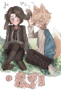 2boys :d animal_ears bandage_over_one_eye black_gloves black_pants black_ribbon black_shirt black_vest blonde_hair blue_sweater_vest blush boots brown_boots brown_eyes cropped_vest curly_hair fang florian_brand fox_boy fox_tail gloves grabbing_another&#039;s_ear grass hair_intakes hand_on_another&#039;s_ear highres identity_v looking_at_another lop_rabbit_ears male_focus matthias_czernin moshi_nyan multiple_boys neck_ribbon open_mouth pants rabbit_boy rabbit_ears ribbon shirt single_glove sitting smile stitched_eye striped_blush sweater_vest tail translation_request vest white_shirt yaoi yellow_eyes