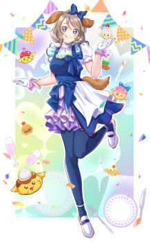1girl :q animal_ears aqua_background blue_eyes blue_pantyhose blue_shirt blush border closed_mouth commentary_request commission cosplay delicious_party_precure dog_ears dog_tail fork frilled_skirt frills full_body grey_hair highres iroenpitsu_xxx leg_up loafers looking_at_viewer love_live! love_live!_sunshine!! miniskirt outside_border pantyhose plate polka_dot polka_dot_background precure puffy_short_sleeves puffy_sleeves recipipi shirt shoes short_hair short_sleeves skeb_commission skirt smile string_of_flags table_knife tail tongue tongue_out watanabe_you white_border white_shirt white_shoes yoshitake_chihaya yoshitake_chihaya_(cosplay)