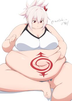 1girl ayakashi_triangle belly belly_grab big_belly blue_shorts breasts cleavage fat fat_woman genderswap genderswap_(mtf) hair_ornament hair_ribbon hand_on_own_stomach kazamaki_matsuri kazamaki_matsuri_(female) large_breasts looking_down masakin obese ponytail pout red_eyes red_ribbon ribbon short_shorts shorts sitting sleeveless solo spiked_hair sports_bra stomach_tattoo tattoo thick_thighs thighs twitter_username white_background white_hair white_sports_bra