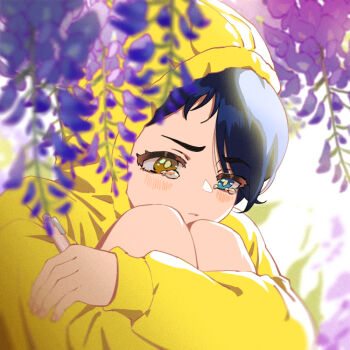 1girl blue_eyes blue_hair blurry blurry_foreground blush commentary crying crying_with_eyes_open dark_blue_hair depth_of_field flower furrowed_brow hashtag-only_commentary heterochromia holding holding_pen hood hood_up hoodie hugging_own_legs knees_to_chest long_sleeves mixikooo ooto_ai pen purple_flower sad sleeves_past_wrists solo tears white_background wisteria wonder_egg_priority yellow_eyes yellow_hoodie