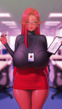 absurdres blue_eyes breasts clipboard earrings furrowed_brow high_collar highres huge_breasts impossible_clothes jewelry long_hair miniskirt name_tag office office_lady original pencil_skirt pink_hair red_skirt ribbed_sweater roborobocap skirt smile straight_hair sweater turtleneck turtleneck_sweater