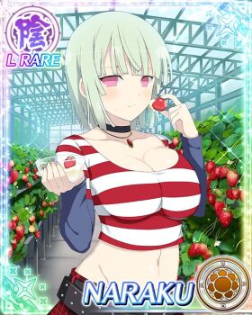 Rule 34 | 1girl, belt, black belt, bob cut, border, bowl, breasts, card (medium), character name, choker, cleavage, closed mouth, crop top, cropped shirt, food, fruit, game cg, green hair, greenhouse, groin, holding, holding bowl, holding food, holding fruit, jewelry, large breasts, long sleeves, looking at viewer, medium hair, naraku (senran kagura), navel, necklace, official art, pink eyes, plaid clothes, plaid skirt, red shirt, red skirt, senran kagura, senran kagura new wave, shirt, skirt, solo, strawberry, strawberry plant, striped clothes, striped shirt, white shirt