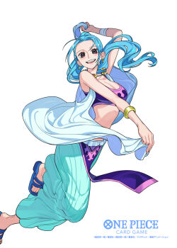 1girl black_shirt blue_hair blue_pants breasts cleavage cropped_shirt high_ponytail highres large_breasts long_hair nefertari_vivi official_art one_piece one_piece_card_game pants ponytail shirt simple_background solo sunohara_(encount) white_background
