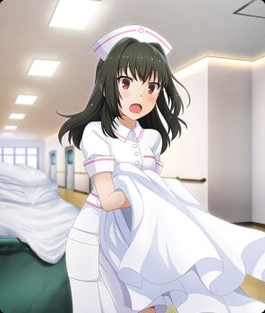 Rule 34 | 1girl, :o, bed sheet, blush, breasts, ceiling light, day, door, dot nose, game cg, green hair, hair intakes, hallway, hat, holding, holding sheet, juujou kagari, medium hair, nurse, nurse cap, official art, open mouth, pushcart, railing, red eyes, short sleeves, small breasts, solo, third-party source, toji no miko, toji no miko: kizamishi issen no tomoshibi, white hat, window