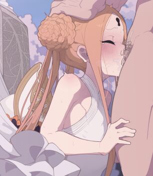 1boy 1girl abigail_williams_(fate) abigail_williams_(swimsuit_foreigner)_(fate) abigail_williams_(swimsuit_foreigner)_(second_ascension)_(fate) bare_shoulders blonde_hair blue_sky blush braid braided_bun breasts closed_eyes deepthroat double_bun dress_swimsuit fate/grand_order fate_(series) fellatio forehead hair_bun hat head_grab hetero irrumatio kakure_eria keyhole loli long_hair male_pubic_hair mitre one-piece_swimsuit oral parted_bangs pubic_hair sidelocks sky small_breasts swimsuit twintails unworn_hat unworn_headwear very_long_hair white_headwear white_one-piece_swimsuit