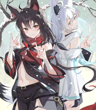 2girls ahoge ame929 animal_ear_fluff animal_ears arm_at_side artist_collaboration back-to-back bare_tree belt belt_buckle black_belt black_bow black_hair black_shirt black_shorts black_sleeves blue_eyes bow braid brooch buckle closed_mouth colored_inner_animal_ears commentary_request cowboy_shot detached_sleeves double-parted_bangs double_fox_shadow_puppet fox_ears fox_girl fox_shadow_puppet fox_tail front_slit hair_bow hand_up hands_up hololive jewelry kurokami_fubuki light_blush light_smile long_hair long_sleeves looking_at_viewer looking_back low_ponytail multiple_girls navel paint_chat_(medium) ponytail red_eyes shaft_look shirakami_fubuki shirakami_fubuki_(1st_costume) shirt short_shorts shorts side_braid sidelighting snow_on_tree snowing split_mouth standing stomach tail tanishi_(hetianming11093) tree two-tone_tail v-shaped_eyebrows very_long_hair virtual_youtuber white_hair white_shirt white_sleeves white_tail