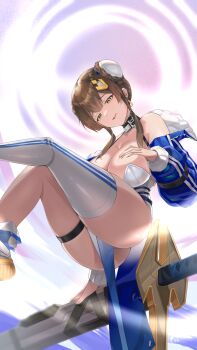 1girl absurdres ass bare_shoulders black_choker braid braided_bun breasts brown_hair bun_cover chaos_zero_nightmare choker cleavage double_bun earrings from_below hair_bun hair_ornament hand_on_own_chest highres huge_weapon jewelry large_breasts long_hair looking_at_viewer mole mole_under_mouth no_panties piercing single_thighhigh skindentation solo sword thigh_strap thighhighs thighs tinkst tongue_piercing weapon yellow_eyes yuki_(chaos_zero_nightmare)