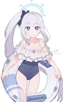 1girl blue_archive blue_bow blue_eyes blue_halo blue_one-piece_swimsuit bow casual_one-piece_swimsuit closed_mouth collarbone commentary cowboy_shot frilled_one-piece_swimsuit frills hair_bow halo highres holding holding_swim_ring innertube long_hair looking_at_viewer miyako_(blue_archive) miyako_(swimsuit)_(blue_archive) off-shoulder_one-piece_swimsuit off_shoulder official_alternate_costume one-piece_swimsuit shisui_(5830217) side_ponytail sidelocks simple_background smile solo swim_ring swimsuit twitter_username very_long_hair white_background white_hair