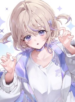 1girl blonde_hair collarbone highres hololive hololive_dev_is jacket multicolored_hair munel open_clothes open_jacket purple_eyes purple_hair shirt short_hair simple_background solo streaked_hair todoroki_hajime two-tone_hair two_side_up upper_body virtual_youtuber white_background white_shirt