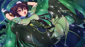 1girl blush breasts censored clothing_aside game_cg genseishinki_sacred_virth gloves high_heels large_breasts large_variant_set long_hair magical_girl mosaic_censoring nipples non-web_source official_art open_mouth panties panties_aside pantyhose ponytail purple_eyes pussy restrained sacred_noire slime_(creature) slime_(substance) solo spread_legs torn_clothes torn_pantyhose underwear variant_set yuugure_pairo yuuki_setsu