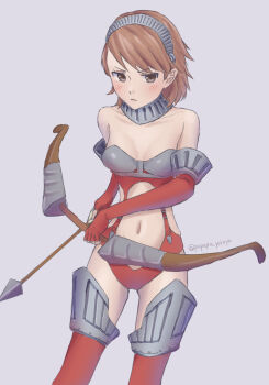 1girl arrow_(projectile) bare_shoulders blush bow_(weapon) breasts brown_eyes brown_hair cleavage clothing_cutout elbow_rest embarrassed highres leotard papapa_yoisyo persona persona_3 persona_3_reload short_hair stomach_cutout takeba_yukari weapon