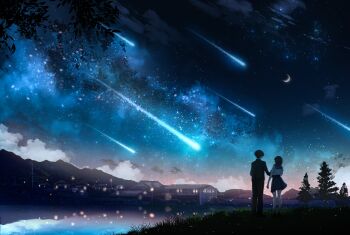 1boy 1girl absurdres black_hair black_jacket black_pants black_shoes blue_sailor_collar blue_skirt blue_sky building cloud commentary commission crescent_moon fireflies from_behind full_body gakuran grass highres hill jacket kaya_(nor_ni) lake light_particles long_sleeves meteor_shower milky_way miniskirt moon mountainous_horizon night original outdoors pants pleated_skirt reflection reflective_liquid rural sailor_collar scenery school_uniform serafuku shirt shoes short_hair short_sleeves skeb_commission skirt sky standing star_(sky) starry_sky tree village water white_shirt wide_shot