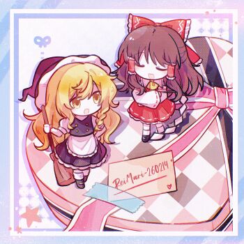 Rule 34 | 2girls, apron, ascot, black shoes, black skirt, black vest, blonde hair, bow, box, box of chocolates, braid, brown hair, chinese commentary, closed eyes, commentary request, detached sleeves, fby1313133, frilled bow, frilled hair tubes, frilled skirt, frills, gohei, hair bow, hair tubes, hakurei reimu, hat, heart-shaped box, highres, holding, holding gohei, kirisame marisa, long hair, multiple girls, open mouth, red bow, red skirt, ribbon-trimmed skirt, ribbon-trimmed sleeves, ribbon trim, shoes, side braid, single braid, skirt, skirt set, smile, socks, touhou, valentine, vest, waist apron, white apron, white socks, witch hat, yellow ascot, yellow eyes