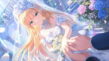 Rule 34 | 1girl, 1other, absurdres, blonde hair, bridal veil, dress, flower, green eyes, headpiece, highres, ichinose rei, idoly pride, jewelry, non-web source, ring, rose, smile, veil, wedding dress, wedding ring