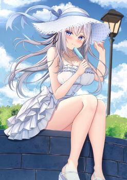 Rule 34 | 1girl, absurdres, bare arms, blue sky, blush, breasts, brick wall, cleavage, closed mouth, cloud, collarbone, crossed bangs, day, dress, eating, floating hair, food, grey hair, hair between eyes, hair ribbon, hand on headwear, hanonokusa, hat, hat ribbon, highres, holding, holding food, holding popsicle, lamppost, large breasts, long hair, looking at viewer, original, outdoors, popsicle, purple eyes, ribbon, sandals, sidelocks, sitting, sky, solo, sun hat, sundress, thighs, white dress, white sandals