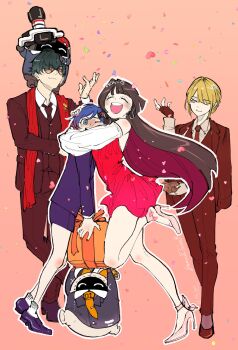 Rule 34 | 03 kyv, 1boy, 3girls, ^ ^, astra yao, bangboo (zenless zone zero), belle (zenless zone zero), black gloves, black hair, black necktie, black pants, black suit, blonde hair, blue hair, blue jacket, blue skirt, closed eyes, collared shirt, commentary request, confetti, crossed arms, crossed bangs, dress, dress pants, earrings, eous (zenless zone zero), evelyn chevalier, fingerless gloves, formal clothes, glasses, gloves, hair ornament, high heels, highres, hoop earrings, hug, jacket, jewelry, letter hair ornament, lighter (zenless zone zero), long hair, multiple girls, necktie, open mouth, pants, pencil skirt, purple hair, red dress, shirt, short hair, skirt, smile, standing, standing on one leg, suit, suit jacket, white shirt, zenless zone zero