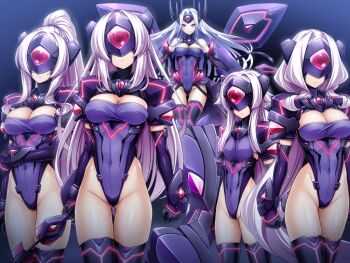 5girls ahoge amakubo_kaede amakubo_yuri armor azarin_(exs-tia) bare_shoulders black_gloves breasts cleavage cleavage_cutout closed_mouth clothing_cutout covered_eyes covered_navel cowboy_shot elbow_gloves expressionless exs-slave exs-slave_alpha exs-slave_beta exs-slave_delta exs-slave_gamma floating floating_object floating_weapon game_cg gloves gluteal_fold groin head-mounted_display headgear highleg highleg_leotard inoino katsuragi_marina kouyoku_senki_exs-tia large_breasts large_variant_set leotard long_hair looking_at_viewer multiple_girls non-web_source official_art ponytail purple_eyes purple_leotard rextia rieszverne_suzette_paladill small_breasts smile standing thigh_gap thighhighs variant_set very_long_hair white_hair