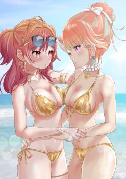 Rule 34 | absurdres, aqua hair, bikini, blush, bow, breasts, collarbone, commentary request, commission, earrings, eyewear on head, glasses, gold bikini, gradient hair, hair bow, hair ornament, hand on another's hip, heart, heart earrings, highres, hololive, hololive dev is, hololive english, ichijou ririka, jewelry, letter hair ornament, lingmu, multicolored hair, ocean, orange hair, pink hair, purple eyes, red eyes, side-tie bikini bottom, skeb commission, streaked hair, swimsuit, takanashi kiara, virtual youtuber, white bow, yuri