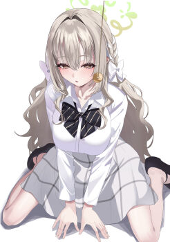 1girl absurdres black_bow black_bowtie blue_archive blush bow bowtie braid collared_shirt commentary_request dress_shirt green_halo grey_hair grey_skirt hair_between_eyes hair_bow hair_intakes hair_ribbon halo highres hypnosis jacket long_hair long_sleeves medium_skirt mind_control miyo_(blue_archive) open_mouth pendulum plaid_clothes plaid_skirt pleated_skirt ribbon ribbon_braid school_uniform shirt simple_background skirt solo very_long_hair wavy_hair white_background white_bow white_ribbon white_shirt yellow_eyes zuki_(user_mzpz5848)