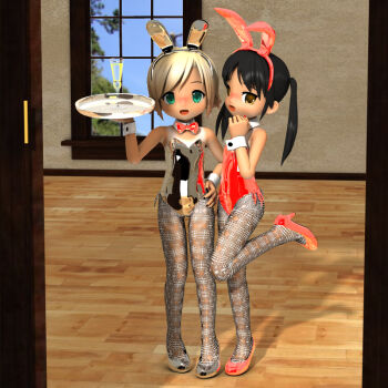 2girls 3d animal_ears black_hair blonde_hair blush bow bowtie character_request copyright_request cup detached_collar drinking_glass fake_animal_ears glass green_eyes high_heels indoors loli looking_at_viewer multiple_girls open_mouth pantyhose playboy_bunny rabbit_ears rabbit_tail shiny_clothes short_hair smile standing standing_on_one_leg tagu-2 tail tray twintails wine_glass wooden_floor wrist_cuffs yellow_eyes