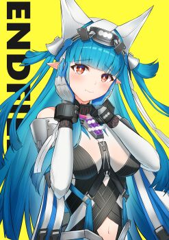 Rule 34 | 1girl, absurdres, arknights, arknights: endfield, bare shoulders, bell, blue gloves, blue hair, blunt bangs, blush, bodysuit, breasts, bright pupils, closed mouth, copyright name, gloves, hair bell, hair ornament, hands on own cheeks, hands on own face, highres, k@bu, last rite (arknights), long hair, looking at viewer, medium breasts, navel, pointy ears, red eyes, simple background, solo, two side up, upper body, veil, very long hair, yellow background
