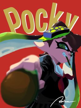 +_+ 1girl black_hair blonde_hair breasts callie_(splatoon) food looking_at_viewer nintendo peikosan pocky pointy_ears red_background school_uniform splatoon_(series) teeth tentacle_hair twintails white_hair yellow_eyes