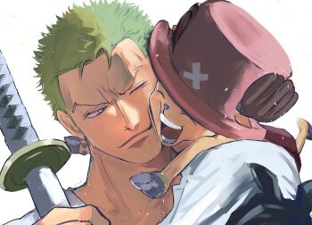 Rule 34 | 2boys, 89gino05, ^ ^, absurdres, antlers, blush, closed eyes, commentary request, green hair, hat, highres, horns, hug, male focus, multiple boys, one eye closed, one piece, open mouth, pink hat, reindeer antlers, roronoa zoro, shirt, short hair, simple background, smile, sword, tony tony chopper, v-shaped eyebrows, weapon, white background, white shirt