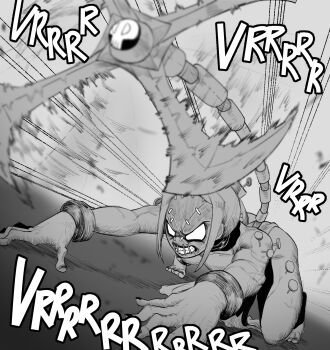 1girl all_fours bare_shoulders barefoot clenched_teeth collar cuffs cyborg dutch_angle full_body greyscale highres mask monochrome nail_(hardware) nail_polish painwheel_(skullgirls) shackles skullgirls solo sound_effects teeth tillshitposting