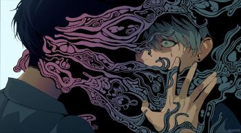 Rule 34 | 2boys, absurdres, alien stage, artist name, black hair, commentary, earrings, english commentary, green eyes, grey hair, highres, hikaru ga shinda natsu, ivan (alien stage), jewelry, male focus, multiple boys, till (alien stage), xnighten