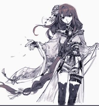1girl alternate_costume alternate_universe blunt_bangs braid bridal_gauntlets chinese_commentary closed_mouth concept_art dd16056094 empty_eyes flower_ornament genshin_impact grey_background hair_ornament hair_ribbon head_tilt highres japanese_clothes jewelry kimono long_braid long_sleeves looking_at_viewer mole mole_under_eye monochrome neck_ribbon off_shoulder raiden_shogun ribbon sash simple_background single_braid sketch solo standing thighhighs thighlet upper_body wide_sleeves