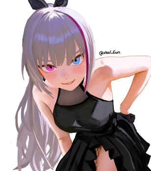1girl artist_name black_dress black_gloves blaizepascal blue_eyes blush commentary dress english_commentary girls&#039;_frontline gloves half_gloves heterochromia highres inverted_cross_earrings long_hair looking_at_viewer mdr_(cocktail_observer)_(girls&#039;_frontline) mdr_(girls&#039;_frontline) multicolored_hair official_alternate_costume parted_lips pink_eyes purple_hair simple_background smile solo streaked_hair twitter_username two-tone_hair white_background white_hair