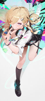 1girl absurdres black_nails black_shoes black_skirt black_socks blonde_hair blue_eyes braid braided_bangs breasts cleavage colorful_background commentary earrings eyes_visible_through_hair fingernails gradient_hair graffiti green_hair hair_ornament hair_over_one_eye hand_up headphones headphones_around_neck highres holding holding_spray_can id_card jewelry large_breasts long_fingernails long_hair looking_at_viewer lynae_(wuthering_waves) modare multicolored_hair nail_polish one_eye_closed roller_shoes shirt shoes skirt skull_hair_ornament smile socks solo spray_can star_(symbol) star_earrings v white_shirt wuthering_waves