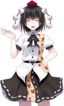 Rule 34 | 1girl, arm behind back, belt, black belt, black bow, black bowtie, black hair, black skirt, bow, bowtie, breasts, buttons, closed eyes, collared shirt, commentary request, cowboy shot, crote, facing viewer, frilled skirt, frills, hand on own hip, hand up, hat, highres, large variant set, leaf print, legs apart, maple leaf print, open mouth, puffy short sleeves, puffy sleeves, red hat, ribbon-trimmed skirt, ribbon trim, shameimaru aya, shirt, short hair, short sleeves, skirt, sleeve cuffs, solo, standing, tachi-e, teeth, tokin hat, touhou, transparent background, upper teeth only, variant set, white shirt