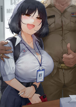 1boy 1girl :d after_fellatio although_she_hurriedly_put_on_clothes_(meme) belt black_belt black_hair blue_skirt blush bra_visible_through_clothes breasts brown_jacket brown_pants bulge bursting_breasts button_gap cleavage collarbone collared_shirt commentary dark-skinned_male dark_skin dress_shirt drooling gao_(gaolukchup) hand_on_another&#039;s_shoulder head_out_of_frame highres holding holding_phone id_card implied_after_sex implied_fellatio implied_fingering implied_sex jacket jewelry lanyard large_breasts looking_at_viewer meme military military_uniform name_tag open_mouth original ornate_ring pants phone pussy_juice pussy_juice_on_fingers ring saliva school_uniform shirt shirt_tucked_in short_hair shortstack skirt smartwatch smile solo_focus stray_pubic_hair thai_school_uniform thumbs_up tissue_box upper_body watch wristwatch