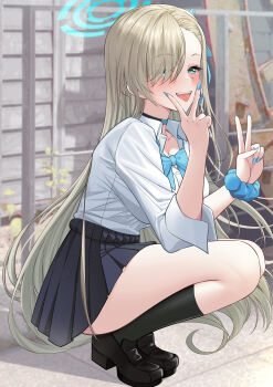 1girl absurdres asuna_(blue_archive) asuna_(school_uniform)_(blue_archive) black_shoes black_skirt black_socks blonde_hair blue_archive blue_bow blue_bowtie blue_eyes blue_halo blush bow bowtie breasts cleavage collarbone commentary_request double_v hair_over_one_eye halo highres large_breasts long_hair looking_at_viewer open_mouth pleated_skirt school_uniform shirt shoes skirt sleeves_rolled_up smile socks solo squatting thighs v very_long_hair watchimen white_shirt