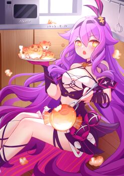 1girl absurdres artist_name breasts chinese_commentary commentary_request dated dress feeding food_request gloves hairband highres holding holding_plate honkai_(series) honkai_impact_3rd indoors kitchen long_hair looking_at_viewer magical_girl meow_maolai microwave plate purple_dress purple_gloves purple_hair purple_hairband single_glove sirin sirin_(miracle_magical_girl) small_breasts solo thighs very_long_hair yellow_eyes
