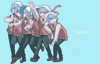 1boy afterimage arm_up black_pants blue_background blue_hair brown_shoes closed_eyes commentary_request double-parted_bangs hair_ornament long_sleeves looking_at_viewer male_focus multiple_views open_mouth original pants red_eyes red_sweater_vest sahi00000 shirt shoes short_hair simple_background sweater_vest translation_request white_shirt