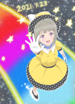 Rule 34 | 1girl, absurdres, artist name, artist request, bare legs, black footwear, blue bow, blue choker, blush, bow, bow gloves, breasts, brown hair, buttons, choker, collarbone, collared shirt, female focus, gloves, grey hair, hand wave, hat, hat bow, high heels, highres, light brown hair, looking at viewer, love live!, love live! nijigasaki high school idol club, love live! school idol festival, nakasu kasumi, parted lips, polka dot, polka dot headwear, polka dot skirt, poppin' up! (love live!), puffy short sleeves, puffy sleeves, purple eyes, rainbow, rainbow road, red eyes, rinhonoo, shirt, short hair, short sleeves, skirt, small breasts, smile, solo, star (sky), white bow, white gloves, yellow hat, yellow shirt, yellow skirt