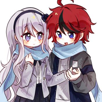 1boy 1girl ahoge artist_request black_flower black_hair black_hairband black_rose black_skirt blue_eyes blue_jacket blue_scarf chinese_commentary closed_mouth commentary_request drawstring flower grey_hair grey_jacket hair_between_eyes hairband holding_hands jacket kashimiya_karua lapels long_hair long_sleeves multicolored_hair multicolored_jacket notched_lapels open_clothes open_jacket open_mouth pleated_skirt purple_eyes red_hair rose scarf second-party_source shared_clothes shared_scarf shirt short_hair simple_background skirt smile streaked_hair sumino_takumi tareme the_hundred_line_-last_defense_academy- tsurime two-tone_hair two-tone_jacket very_long_hair white_background white_shirt