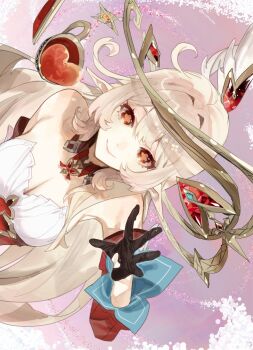 Rule 34 | 1girl, alice (genshin impact), bare shoulders, blonde hair, breasts, cleavage, clothing cutout, commentary request, cowlick, cup, detached sleeves, genshin impact, gloves, hand up, heart-shaped gem, heart cutout, highres, long hair, looking at viewer, meameeea, pointy ears, red sleeves, side ahoge, smile, teacup, very long hair, waving