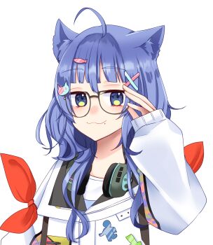 :3 absurdres adjusting_eyewear ahoge animal_ears blue_eyes blue_hair cat_ears cat_girl cat_hair_ornament character_request closed_mouth commentary_request fish_hair_ornament glasses hair_ornament hairclip hand_up headphones headphones_around_neck highres indie_virtual_youtuber looking_at_viewer mole mole_under_mouth sakura_yuto smile solo transparent_background upper_body