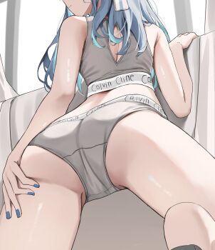1girl absurdres arched_back ass ass_focus blue_hair blue_nails brand_name_imitation briefs calvin_klein commentary_request curtains eyes_out_of_frame from_behind grey_sports_bra groin_tendon hair_ribbon head_out_of_frame highres hololive hoshimachi_suisei indoors long_hair looking_to_the_side male_underwear median_furrow nail_polish official_alternate_hair_length official_alternate_hairstyle ribbon scarlet_(wv0102) solo sports_bra trefoil underwear underwear_only virtual_youtuber