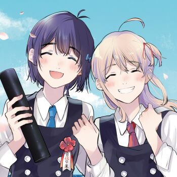 Rule 34 | 2girls, :d, ^ ^, ahoge, amano konatsu, antenna hair, artist name, bag, bag charm, belt, black dress, blue necktie, blue sky, blush, buttons, charm (object), closed eyes, collared shirt, copyright name, cover, cover page, day, diploma, diploma tube, double-breasted, dress, facing viewer, falling petals, flower, frog, graduation, grey hair, grin, hagino makoto, hair ribbon, hand up, hands up, happy, highres, holding, holding diploma, honami koyuki, locked arms, long hair, long sleeves, manga cover, missing commentary, mole, mole under eye, multiple girls, necktie, nettaigyo wa yuki ni kogareru, ocean, official art, one side up, open mouth, outdoors, petals, pinafore dress, purple hair, red flower, red necktie, red ribbon, ribbon, shirt, short hair, shoulder bag, sky, sleeveless, sleeveless dress, smile, tube, white shirt
