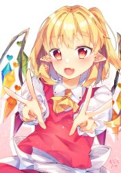 Rule 34 | 1girl, ascot, blonde hair, chisiro unya (unya draw), crystal wings, double v, flandre scarlet, highres, open mouth, pointy ears, puffy short sleeves, puffy sleeves, short sleeves, side ponytail, simple background, solo, touhou, v, white background, yellow ascot
