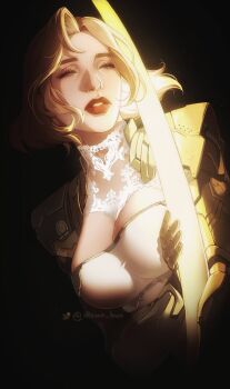 1girl 2025 arm_armor artist_name black_background breasts brown_eyes cleavage clenched_teeth commentary cropped_jacket detached_collar dress english_commentary female_focus glowing grey_hair half-closed_eyes highres holding idlemo_bun large_breasts looking_ahead mature_female medium_hair parted_lips red_lips serena_(the_first_decendent) simple_background solo swept_bangs taut_clothes teeth the_first_descendant thick_lips upper_body white_dress