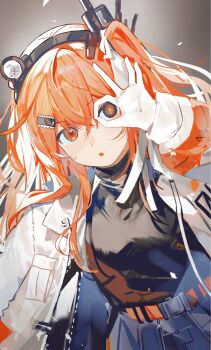 1girl a.i._voice adachi_rei black_shirt hair_ornament headlamp highres jacket long_hair long_sleeves looking_at_viewer ok_sign ok_sign_over_eye open_clothes open_jacket orange_eyes orange_hair sano_(ekk_fy) shirt solo upper_body utau