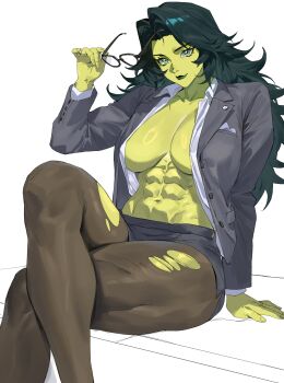 1girl abs absurdres colored_skin commentary green_eyes green_hair green_lips green_skin highres holding holding_removed_eyewear jennifer_walters long_hair looking_at_viewer marvel muscular muscular_female navel pantyhose she-hulk solo taiyang_yu torn_clothes torn_pantyhose unworn_eyewear