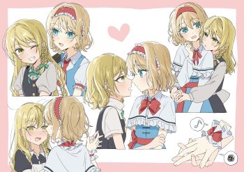 2girls @_@ absurdres alice_margatroid back_bow black_skirt black_vest blonde_hair blue_dress blue_eyes blush border bow bowtie braid capelet commentary_request dress eye_contact frilled_hairband frills green_ribbon grin hair_bow hairband heart highres holding_hands hug hug_from_behind imminent_kiss interlocked_fingers kirisame_marisa lolita_hairband looking_at_another multiple_girls musical_note neck_ribbon no_headwear one_eye_closed open_mouth pink_border puffy_short_sleeves puffy_sleeves red_bow red_bowtie red_hairband ribbon short_sleeves side_braid single_braid skirt smile spoken_musical_note spoken_squiggle squiggle sweatdrop touhou tsuno_no_hito vest white_background white_bow white_capelet wrist_cuffs yellow_eyes yuri