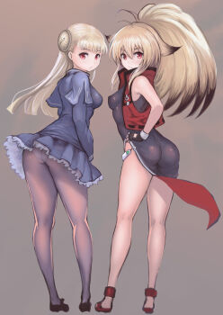 2girls ahoge ass blonde_hair china_dress chinese_clothes covered_erect_nipples dress fingerless_gloves gloves hairpods highres ingrid_(capcom) johan_(johan13) long_hair multicolored_hair multiple_girls panties panties_under_pantyhose pantyhose project_x_zone_2 red_eyes sandals skin_tight two-tone_hair underwear wind wind_lift xiaomu